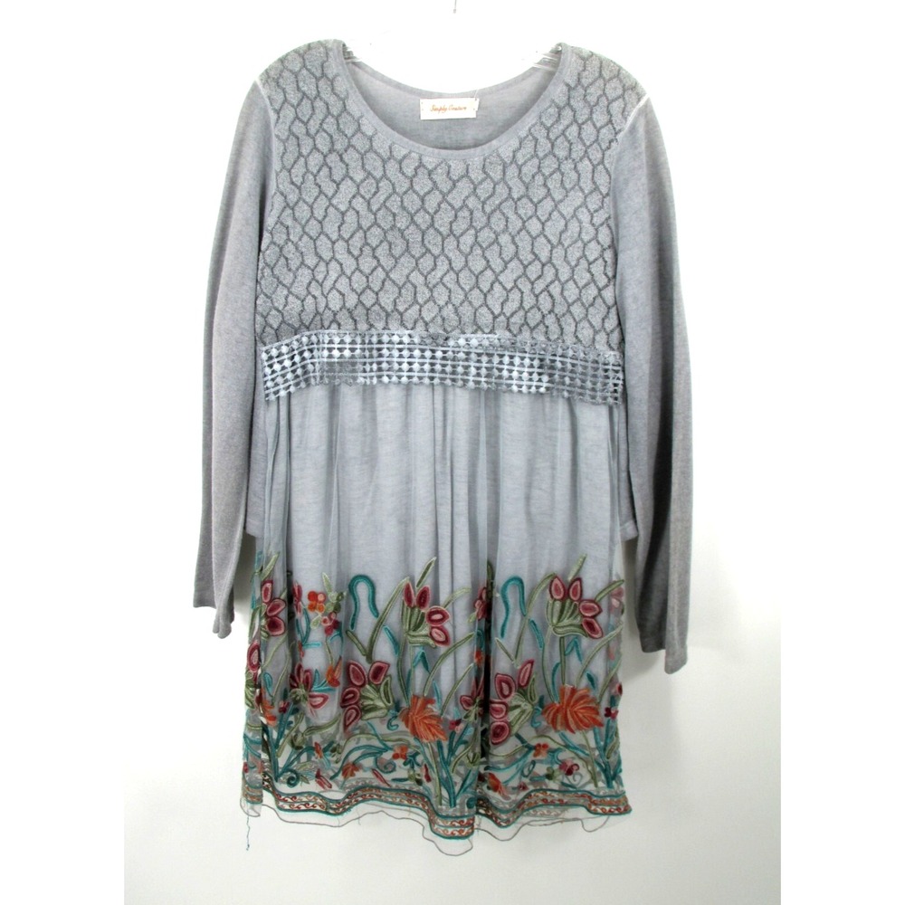 SIMPLY COUTURE Midi Sweater Dress Women Medium Gray Embroidered Floral Fairy